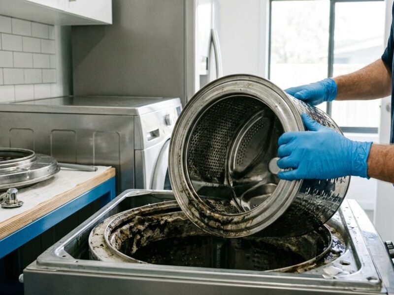 洗濯機の分解クリーニング作業の様子