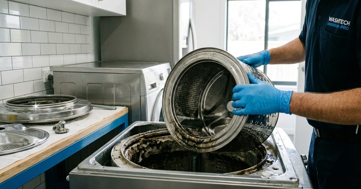 洗濯機の分解クリーニング作業の様子