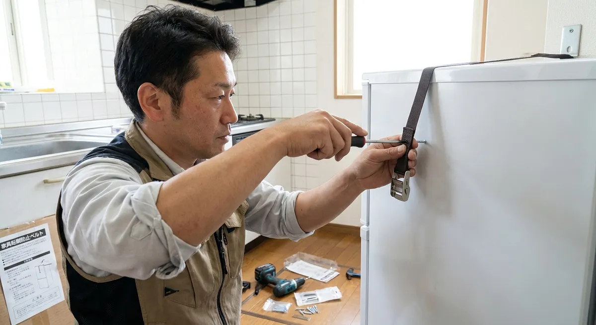 冷蔵庫の転倒防止策｜耐震ベルト・突っ張り棒・固定金具の使い方
